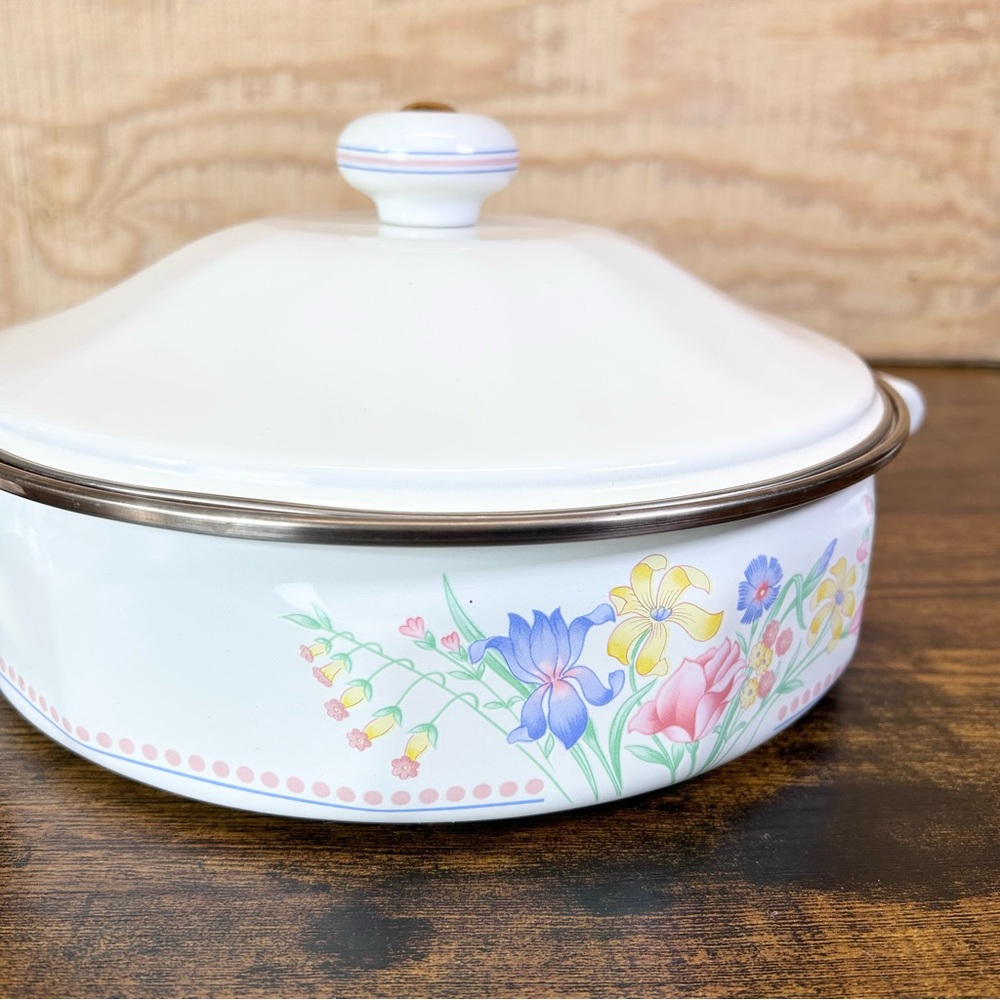 **SOLD**Enamel Sarma Studios Victorian Flowers vintage pan with double handles